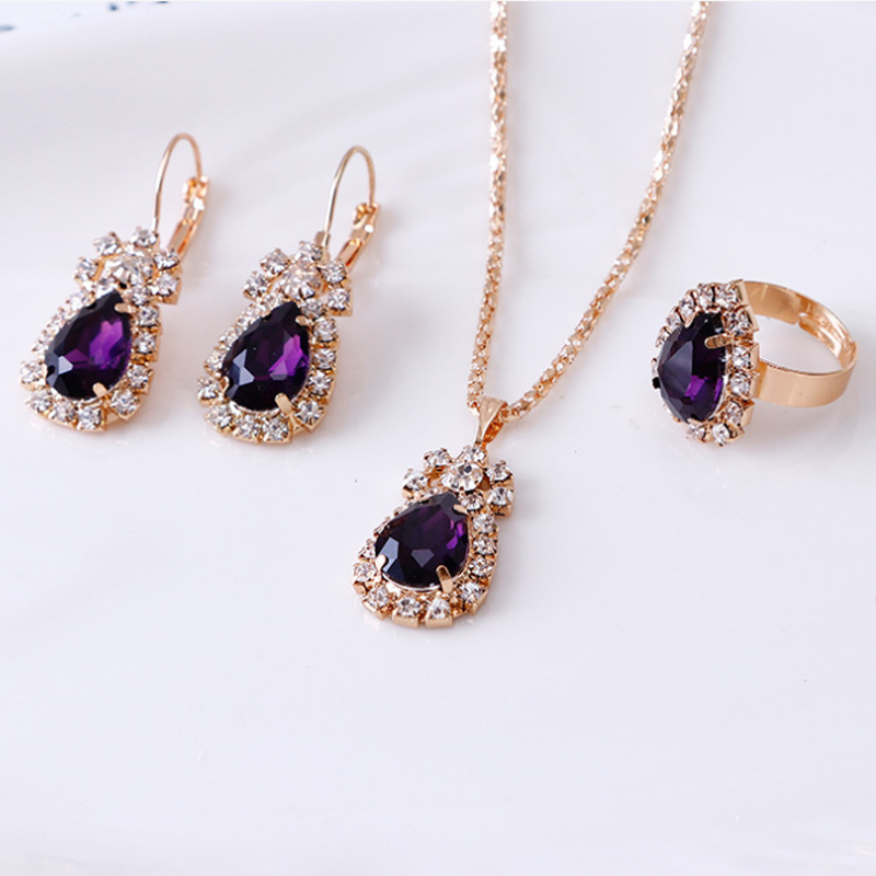 Europe and The United States Fashion Simple Luxury Rhinestone Water Drop Jewel Clavicle Short Necklace Earrings Set All Women Accessories