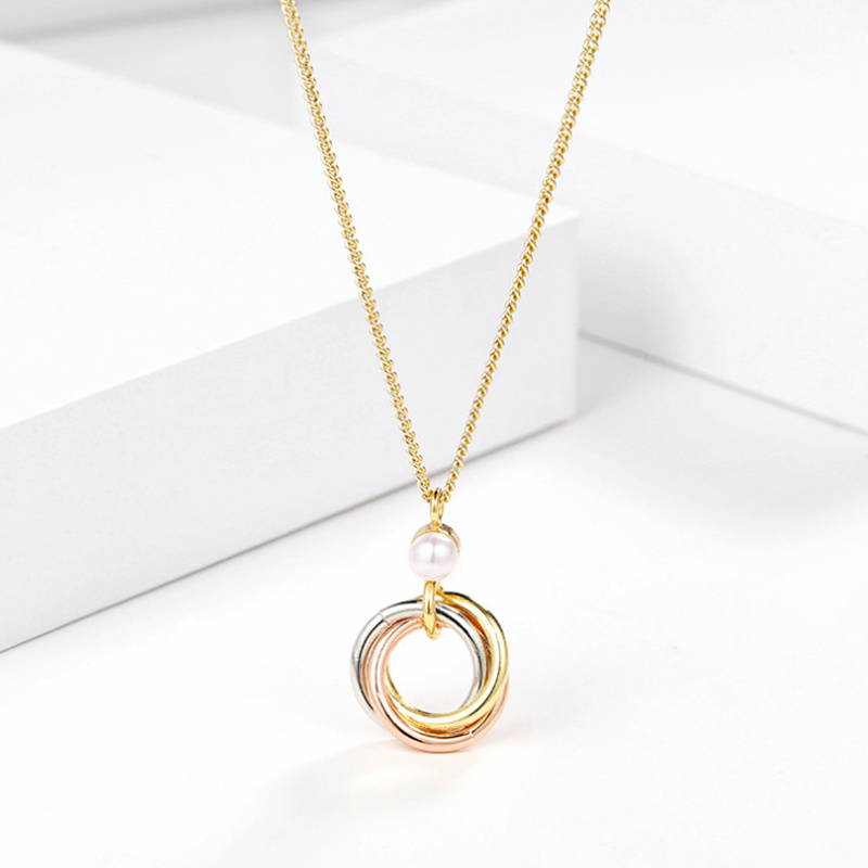 High Quality Three Color Three Ring Set Single Diamond Necklace