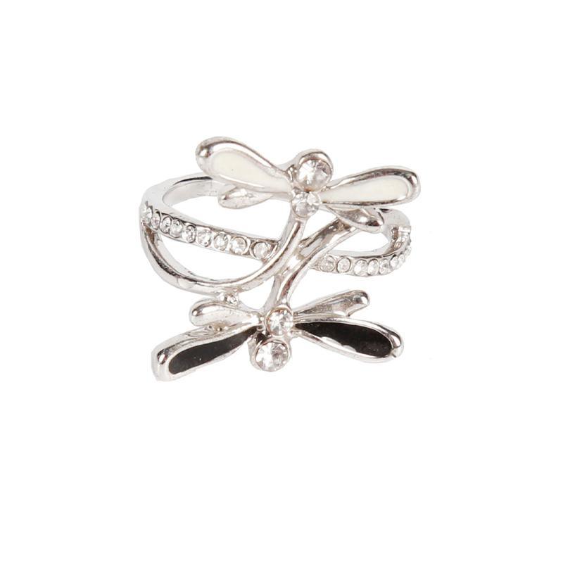 Black and White Dragonfly Style Silver Diamond Ring