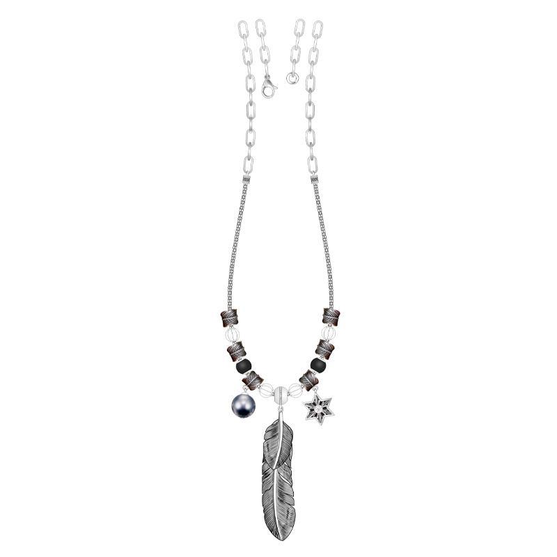Trendy Grey Inlaid Silver Jewelry Set with Feathers