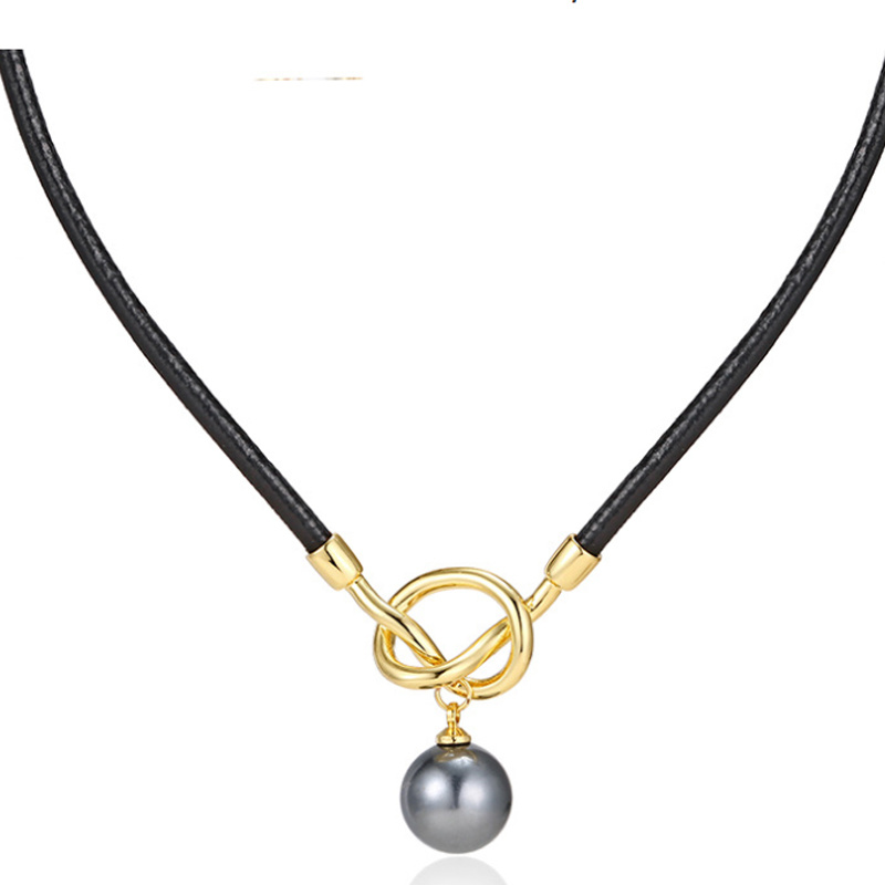 Simple Temperament Knot Pearl Leather Rope Necklace