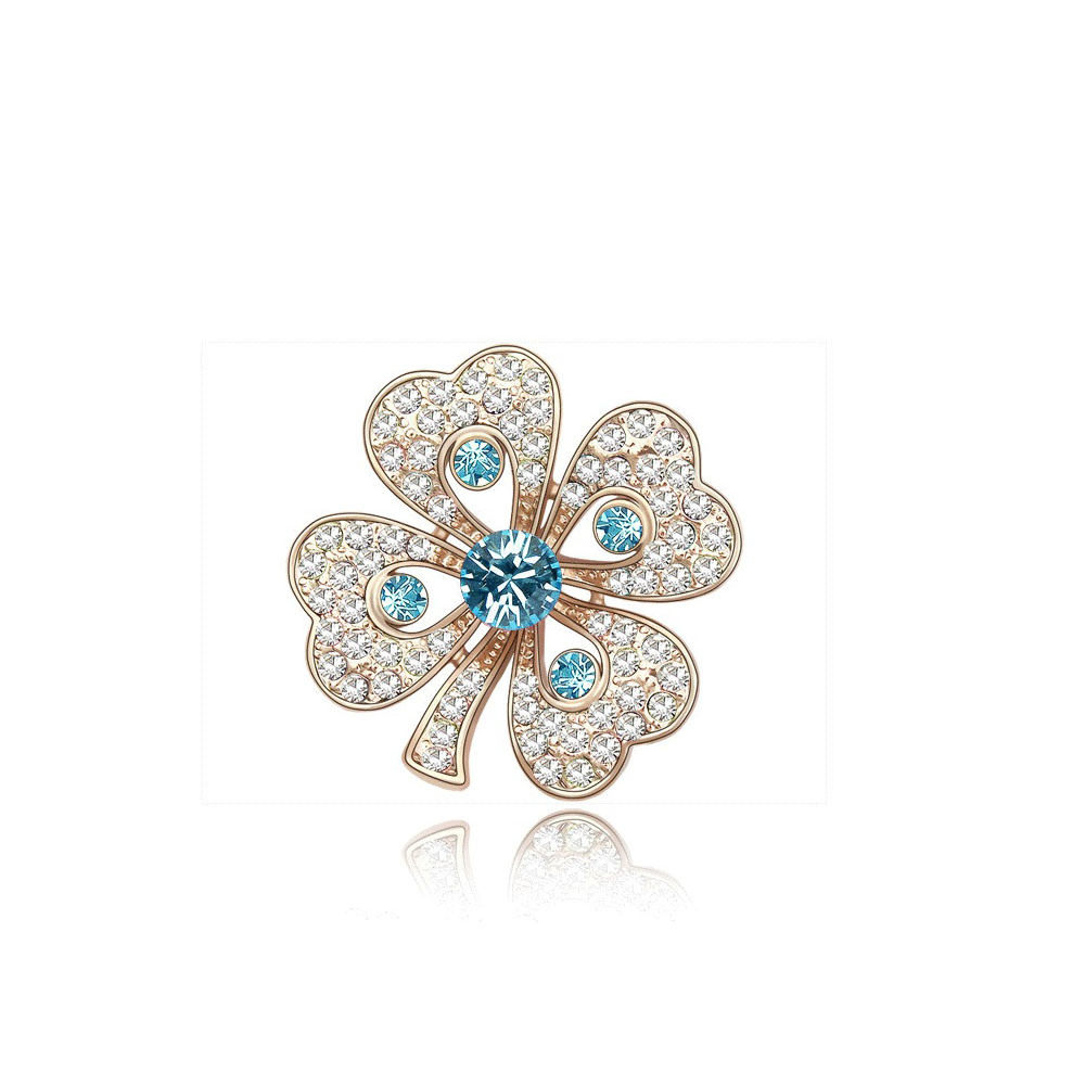 Fashion Jewelry Flower Shape Gold Brooch with Blue Rhinestone