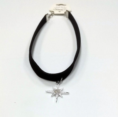 Fabric Necklace Choker with Star Charms with Black Enamel